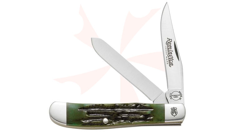 Remington Heritage Green Jigged Bone Mini Trapper Pocketknife 2-3/4 inch Clip Point and 2-3/4 Spey Blade (R-43 Model)