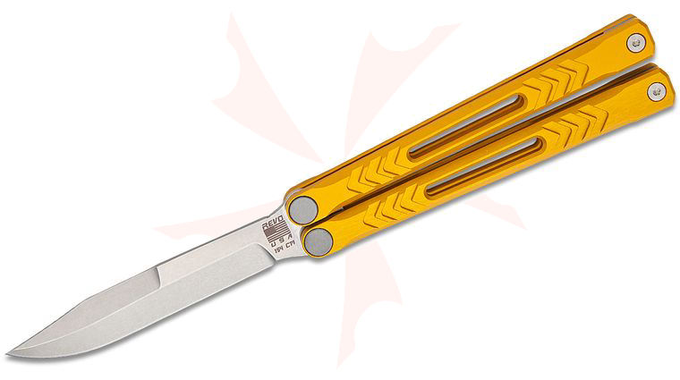 REVO Knives by BRS Nexus Balisong Butterfly Knife 4.5 inch 154CM Stonewashed Clip Point Blade, Gold Milled Aluminum Handles