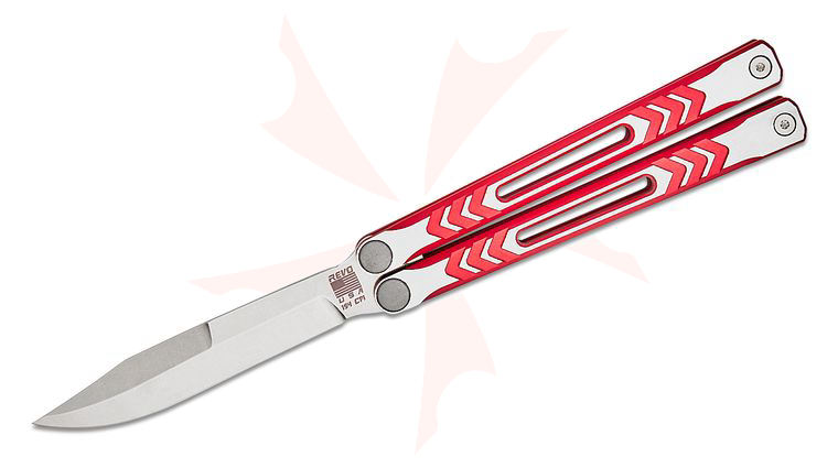 REVO Knives by BRS Nexus Balisong Butterfly Knife 4.5 inch 154CM Stonewashed Clip Point Blade, Two-Tone Red Milled Aluminum Handles