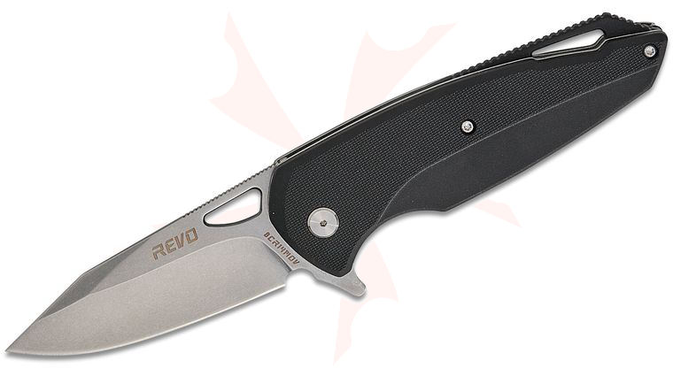 REVO Knives Vipera XL Assisted Flipper Knife 3 inch Stonewashed Clip Point Blade, Milled Black G10 Handles