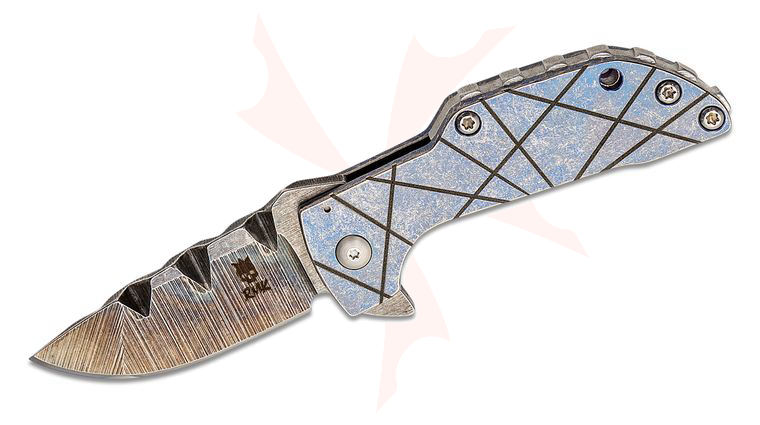 RichMade Knives Custom Slow Poke Flipper Knife 2.75 inch CPM-154 Grooved Natural Drop Point Blade, Notched Stonewashed Blue Titanium Handles