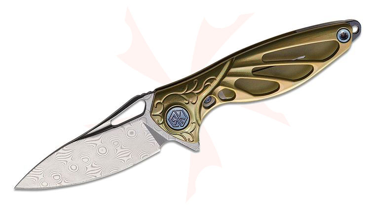 Rike Knife Hummingbird Miniature Keychain Flipper Knife 1.57 inch Rose Damasteel Blade, Gold Anodized Titanium Handles, Kydex Neck Sheath