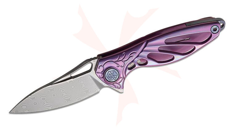Rike Knife Hummingbird Miniature Keychain Flipper Knife 1.57 inch Rose Damasteel Blade, Purple Anodized Titanium Handles, Kydex Neck Sheath