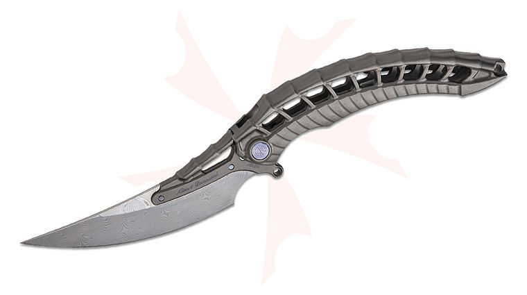 Rike Knife Alien 4 Frame Lock Flipper Knife 3.95 inch Damasteel Trailing Point Blade, Dark Gray Skeletonized Titanium Handles, Titanium Pen Tool