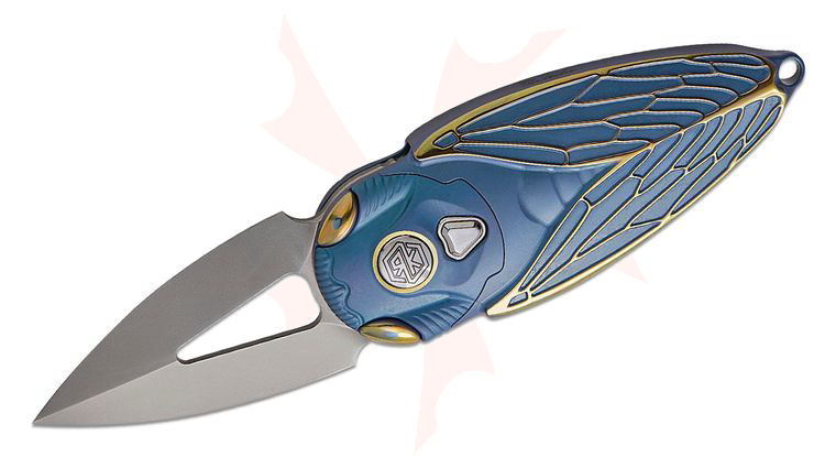 Rike Knife Cicada Miniature Keychain Button Lock Folding Knife 1.96 inch M390 Bead Blasted Single-Edge Dagger Blade, Integral Blue and Gold Anodized Titanium Handles