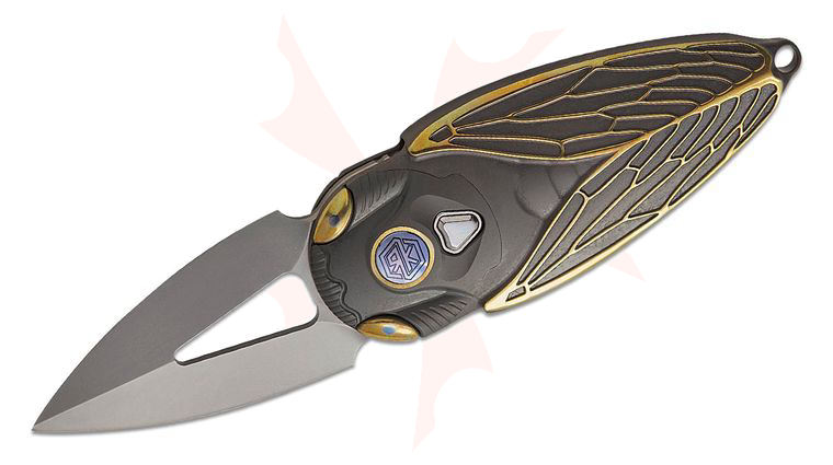 Rike Knife Cicada Miniature Keychain Button Lock Folding Knife 1.96 inch M390 Bead Blasted Single-Edge Dagger Blade, Integral Dark Gray and Gold Anodized Titanium Handles