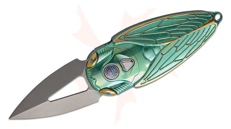 Rike Knife Cicada Miniature Keychain Button Lock Folding Knife 1.96 inch M390 Bead Blasted Single-Edge Dagger Blade, Integral Green and Gold Anodized Titanium Handles