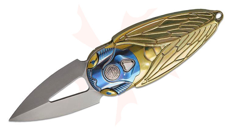 Rike Knife Cicada Miniature Keychain Button Lock Folding Knife 1.96 inch M390 Bead Blasted Single-Edge Dagger Blade, Integral Gold Anodized Titanium Handles