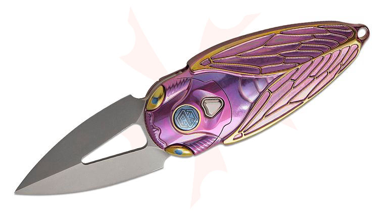 Rike Knife Cicada Miniature Keychain Button Lock Folding Knife 1.96 inch M390 Bead Blasted Single-Edge Dagger Blade, Integral Pink and Gold Anodized Titanium Handles