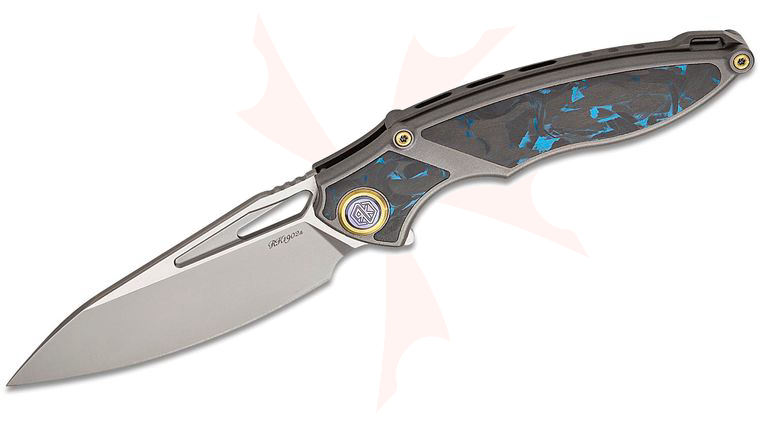 Rike Knife RK1902s-BCF Frame Lock Flipper Knife 3.15 inch M390 Bead Blasted Drop Point Blade, Milled Dark Gray Titanium Handles with Blue Carbon Fiber Inlays