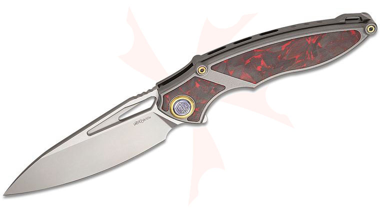 Rike Knife RK1902s-RCF Frame Lock Flipper Knife 3.15 inch M390 Bead Blasted Drop Point Blade, Milled Dark Gray Titanium Handles with Red Carbon Fiber Inlays