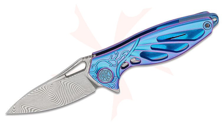Rike Knife Hummingbird Miniature Keychain Flipper 1.57 inch Rose Damasteel Blade, Blurple Anodized Titanium Handles, Kydex Neck Sheath