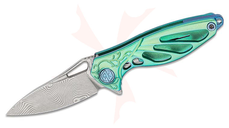 Rike Knife Hummingbird Miniature Keychain Flipper 1.57 inch Rose Damasteel Blade, Green Anodized Titanium Handles, Kydex Neck Sheath