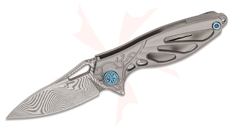 Rike Knife Hummingbird Miniature Keychain Flipper 1.57 inch Rose Damasteel Blade, Bead Blasted Titanium Handles, Kydex Neck Sheath