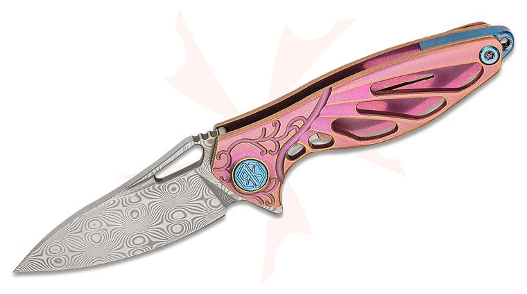 Rike Knife Hummingbird Miniature Keychain Flipper 1.57 inch Rose Damasteel Blade, Pink Anodized Titanium Handles, Kydex Neck Sheath