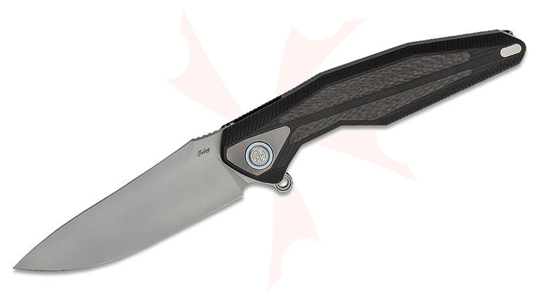 Rike Knife Tulay Flipper Knife 3.75 inch 154CM Bead Blasted Blade, Integral Black G10 Handle with Carbon Fiber Inlays - KnifeCenter Exclusive