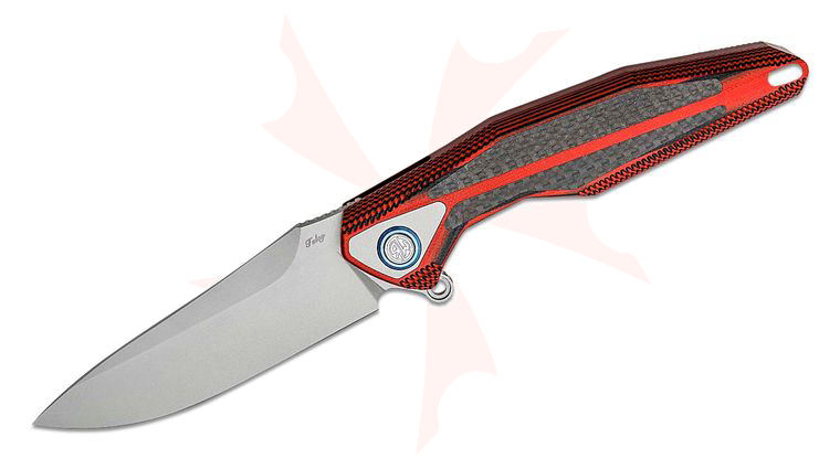 Rike Knife Tulay Flipper Knife 3.75 inch 154CM Bead Blasted Blade, Integral Red/Black G10 Handle with Carbon Fiber Inlays - KnifeCenter Exclusive