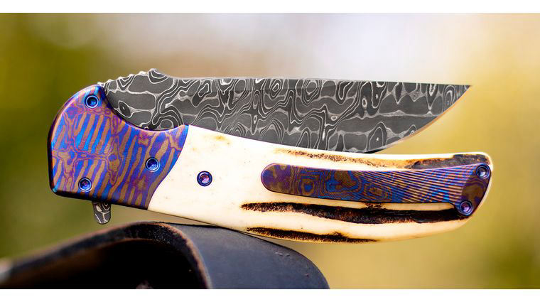 RJ Martin Custom Full-Dress Q36 Flipper Knife 3.875 inch Nichols Intrepid Damascus Blade, Stag Handles with Mokuti Bolsters and Clip