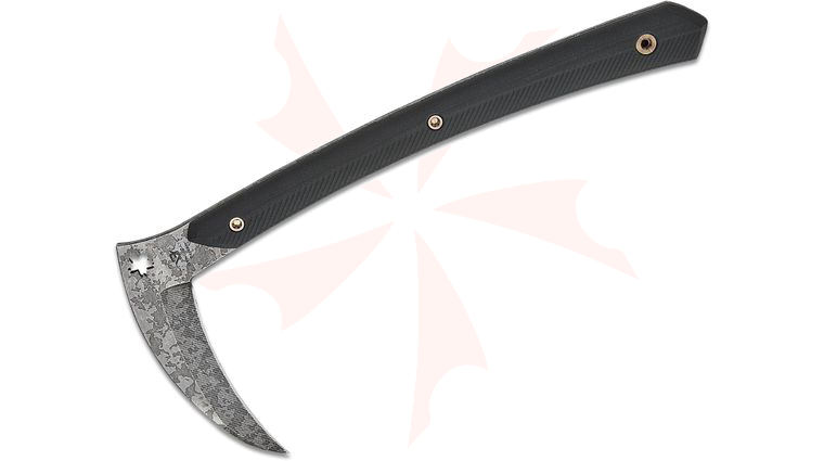 RMJ Tactical 3V Syndicate Senshi Scythe (Kama) Tomahawk 5 inch CPM-3V Acid Etched Blade, Black G10 Handles, Black Leather Sheath with Shoulder Rig