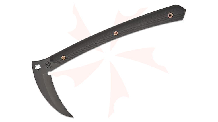 RMJ Tactical 3V Syndicate Senshi Scythe (Kama) Tomahawk 5 inch CPM-3V Graphite Black Cerakote Blade, Black G10 Handles, Black Leather Sheath with Shoulder Rig