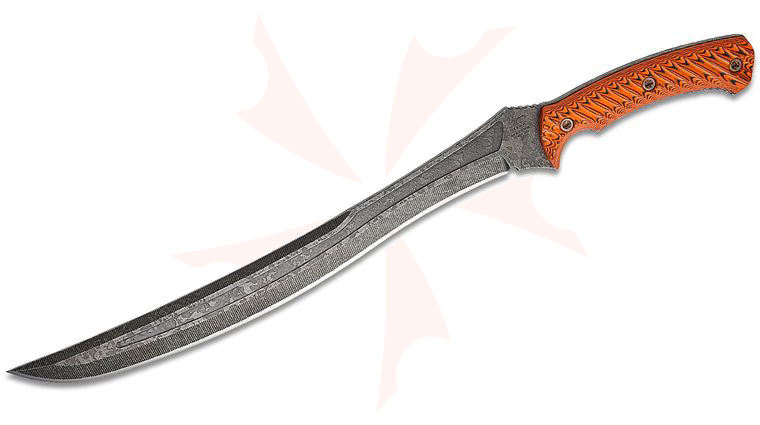 RMJ Tactical 3V Syndicate Wyvern Short Sword 15.125 inch CPM-3V Acid Etched Blade, Black/Orange Striped G10 Handles, Kydex Sheath with Low Ride Straps - KnifeCenter Exclusive