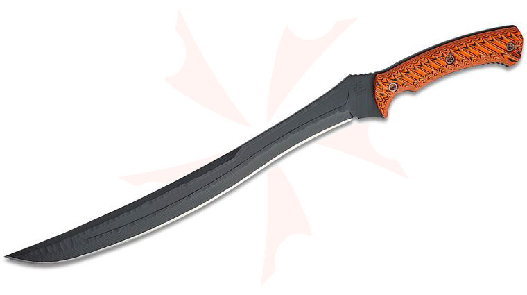 RMJ Tactical 3V Syndicate Textured Wyvern Short Sword 15.125 inch CPM-3V Blackout Elite Blade, Black/Orange Striped G10 Handles, Kydex Sheath with Low Ride Straps - KnifeCenter Exclusive