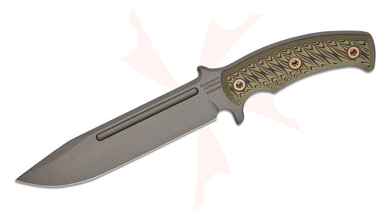 RMJ Tactical Combat Africa Fixed 7 inch 80CRV2 Tungsten Clip Point Blade, Dirty Olive G10 Handles, Kydex Sheath with Low Ride Straps