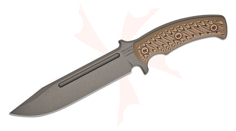 RMJ Tactical Combat Africa Fixed 7 inch 80CRV2 Tungsten Clip Point Blade, Hyena Brown G10 Handles, Kydex Sheath with Low Ride Straps