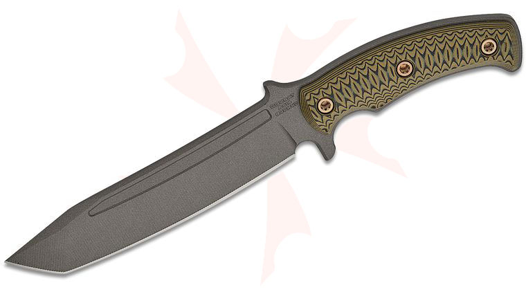 RMJ Tactical Combat Asia Fixed Blade Knife 7.125 inch 80CRV2 Tungsten Tanto Blade, Dirty Olive G10 Handles, Kydex Sheath with Low Ride Straps