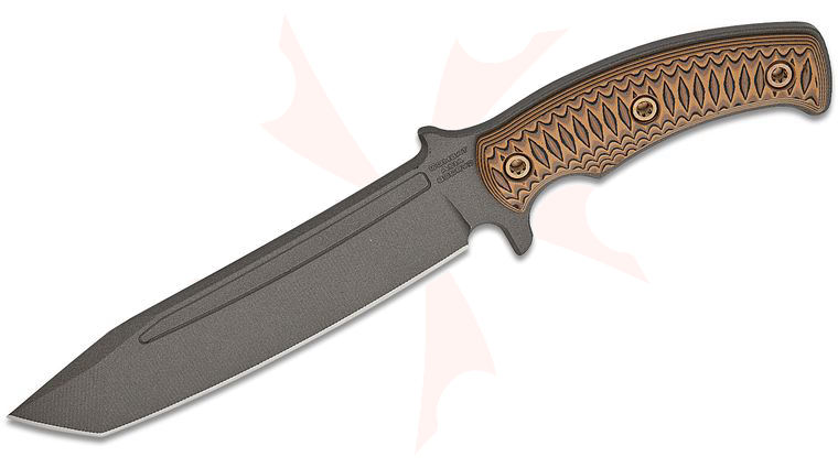 RMJ Tactical Combat Asia Fixed Blade Knife 7.125 inch 80CRV2 Tungsten Tanto Blade, Hyena Brown G10 Handles, Kydex Sheath with Low Ride Straps