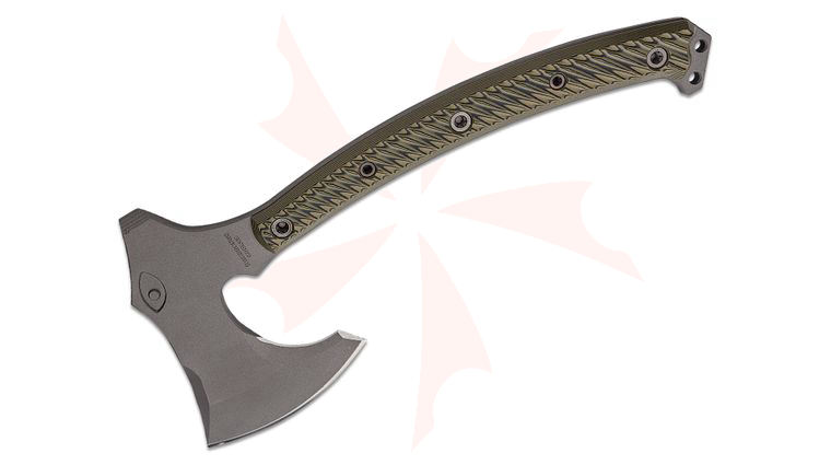 RMJ Tactical Berserker Tomahawk 15 inch Overall, Tungsten Cerakote, Dirty Olive G10 Handles, Kydex Sheath with MOC Straps