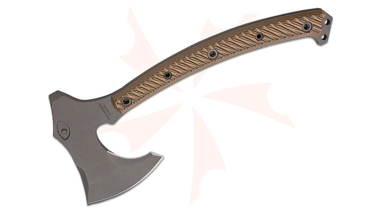 RMJ Tactical Berserker Tomahawk 15 inch Overall, Tungsten Cerakote, Hyena Brown G10 Handles, Kydex Sheath with MOC Straps