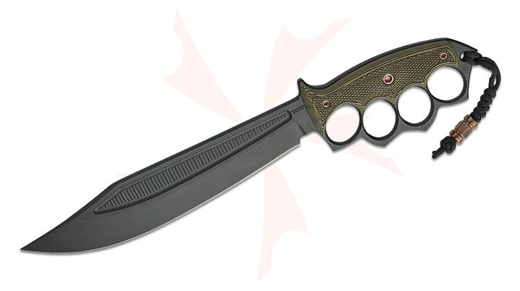 RMJ Tactical Marauder Fixed Blade Knife 9.63 inch CPM-3V Graphite Black Bowie Blade, Dirty Olive G10 Handles, Black Leather Sheath with Vietnam Tiger Stripe Canvas Inlays
