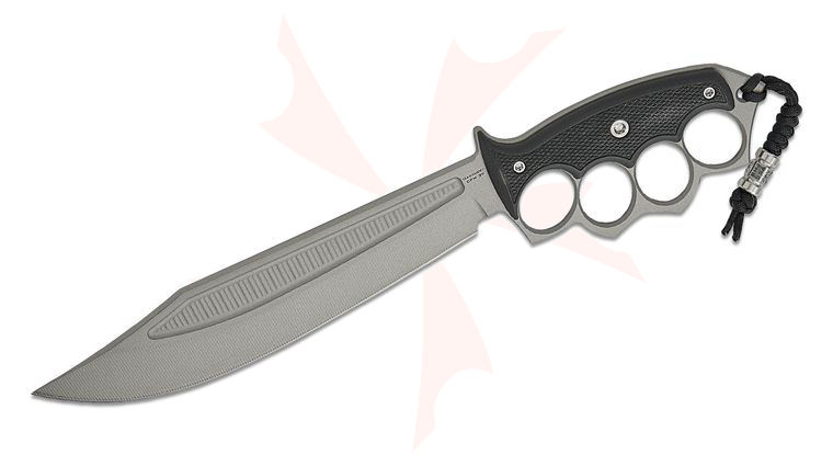 RMJ Tactical Marauder Fixed Blade Knife 9.63 inch CPM-3V Savage Stainless Cerakote Bowie Blade, Black G10 Handles, Black Leather Sheath with Vietnam Tiger Stripe Canvas Inlays
