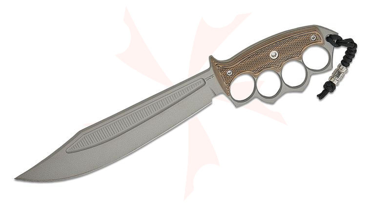 RMJ Tactical Marauder Fixed Blade Knife 9.63 inch CPM-3V Savage Stainless Cerakote Bowie Blade, Hyena Brown G10 Handles, Oxblood Leather Sheath with Desert Tiger Stripe Canvas Inlays