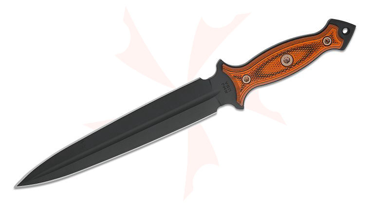 RMJ Tactical Nightshade Dagger Fixed Blade Knife 9.625 inch CPM-3V Graphite Black Cerakote Double Edge Dagger Blade, Orange and Black G10 Handles, Kydex Sheath - KnifeCenter Exclusive
