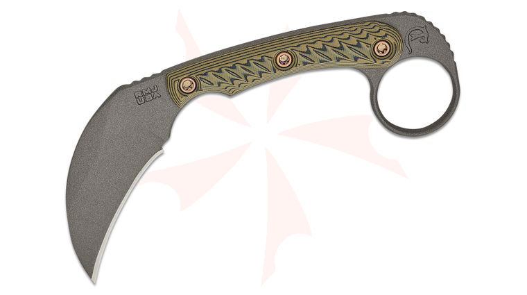 RMJ Tactical Korbin Karambit Fixed Blade Knife 2.875 inch Nitro-V Tungsten Hawkbill Blade, Dirty Olive G10 Handles, Kydex Sheath