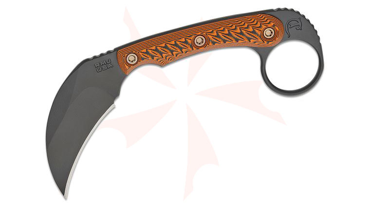 RMJ Tactical Korbin Karambit Fixed Blade Knife 2.875 inch Nitro-V Tungsten Hawkbill Blade, Black/Orange G10 Handles, Kydex Sheath - KnifeCenter Exclusive