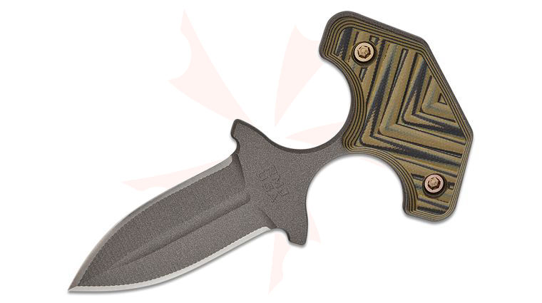 RMJ Tactical BUB Back Up Blade Push Dagger 2.5 inch Nitro-V Tungsten Cerakote Double Edge Dagger Blade, Dirty Olive G10 Handles, Kydex Sheath