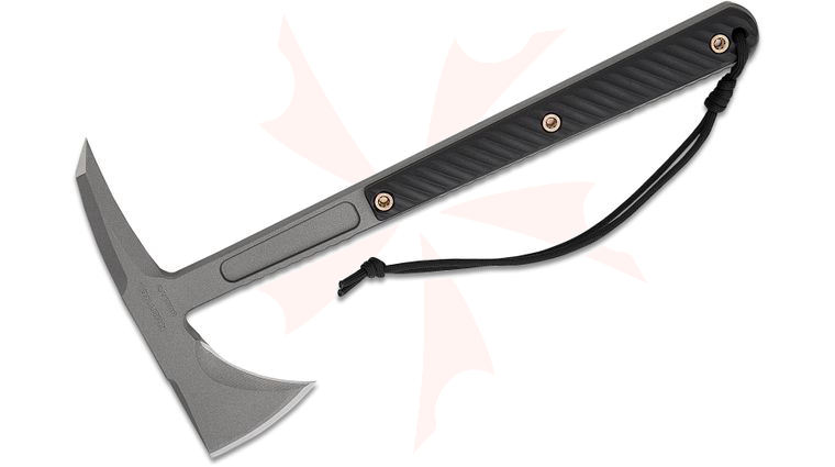 RMJ Tactical Kestrel Tomahawk 13 inch Overall, Tungsten Cerakote, Scallop 45, Black G10 Handles, Kydex Sheath with Low Ride Straps