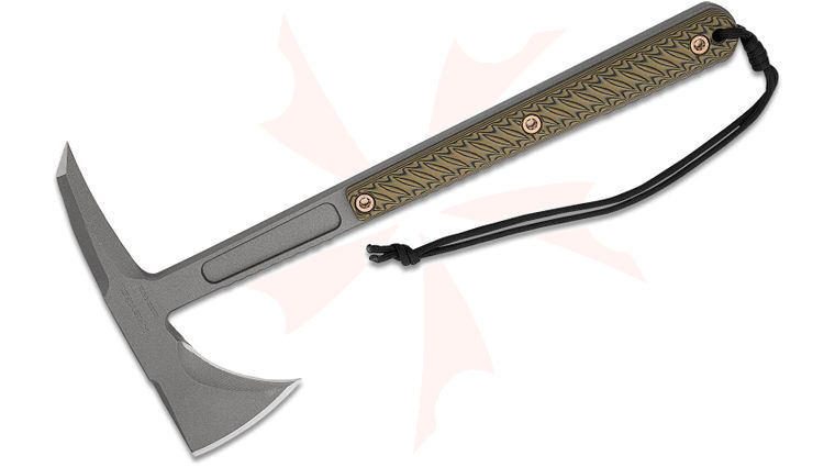 RMJ Tactical Kestrel Tomahawk 13 inch Overall, Tungsten Cerakote, Scallop 45, Dirty Olive G10 Handles, Kydex Sheath with High Ride MOC Straps