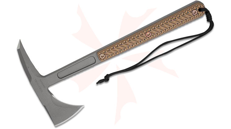 RMJ Tactical Kestrel Tomahawk 13 inch Overall, Tungsten Cerakote, Scallop 45, Hyena Brown G10 Handles, Kydex Sheath with High Ride MOC Straps