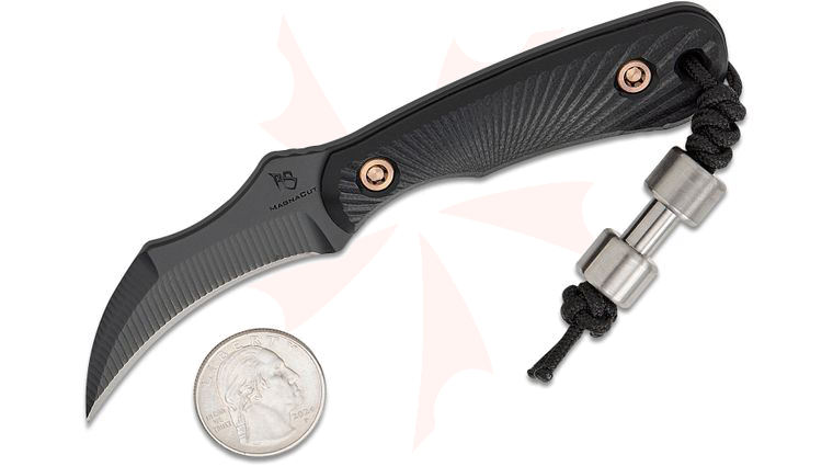 RMJ Tactical Gym Rat Pocket Fixed Blade Neck Knife 2.375 inch MagnaCut Graphite Black Talon Hawkbill Blade, Black G10 Handles, Kydex Sheath