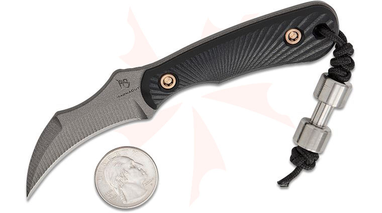 RMJ Tactical Gym Rat Pocket Fixed Blade Neck Knife 2.375 inch MagnaCut Tungsten Talon Hawkbill Blade, Black G10 Handles, Kydex Sheath
