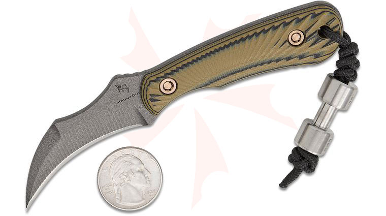 RMJ Tactical Gym Rat Pocket Fixed Blade Neck Knife 2.375 inch MagnaCut Tungsten Talon Hawkbill Blade, Dirty Olive G10 Handles, Kydex Sheath