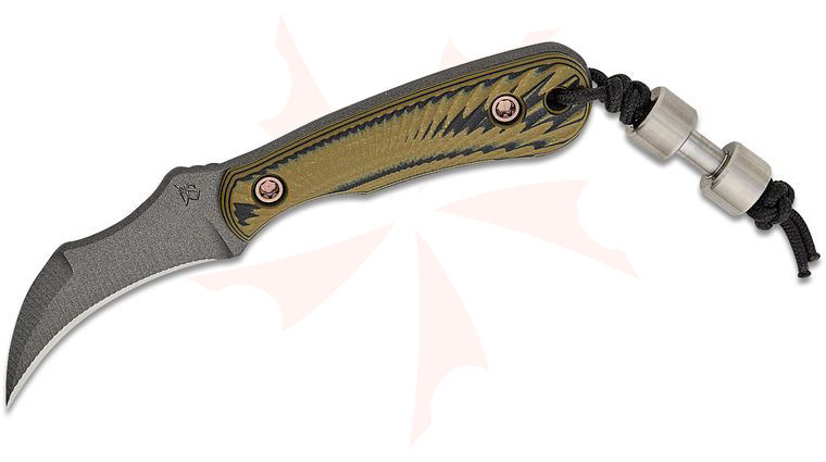 RMJ Tactical Gym Rat Pocket Fixed Blade Neck Knife 2.375 inch Nitro-V Tungsten Talon Hawkbill Blade, Dirty Olive G10 Handles, Kydex Sheath