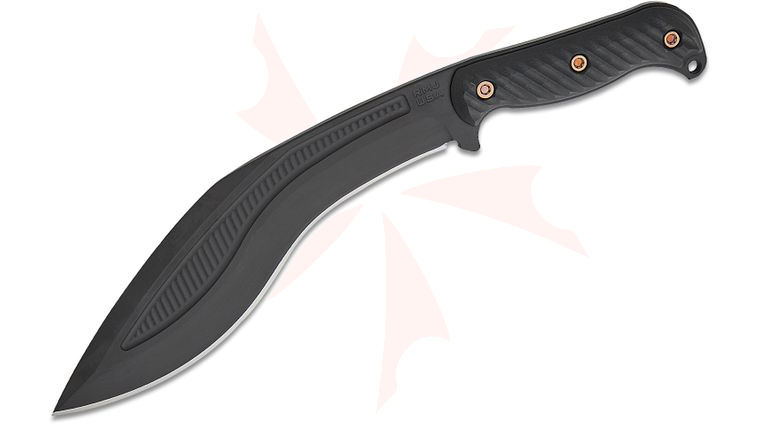 RMJ Tactical Kukri Fixed Blade Knife 10.5 inch 80CRV2 Graphite Black Blade, Black G10 Handles, Kydex Sheath with Low Ride Straps