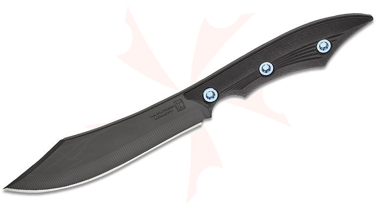 RMJ Tactical Ratatosk Fixed Blade Knife 5.25 inch Nitro-V Graphite Black Harpoon Bolo Blade, Milled Black Linen Micarta Handles, Kydex Sheath