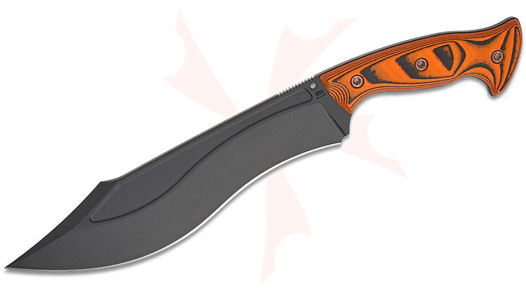 RMJ Tactical Sapper Fixed Blade Knife 10.75 inch 80CRV2 Graphite Black Recurve Bowie Blade, Orange and Black G10 Handles, Kydex Sheath with Low Ride MOC Straps - KnifeCenter Exclusive