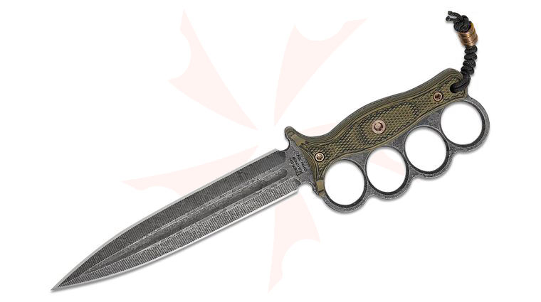 RMJ Tactical Trench Raider Fixed Blade Knife 7.19 inch CPM-3V Acid Etched Double Edge Dagger Blade, Dirty Olive G10 Handles, Oxblood Leather Sheath with Green Canvas, Lighter Included